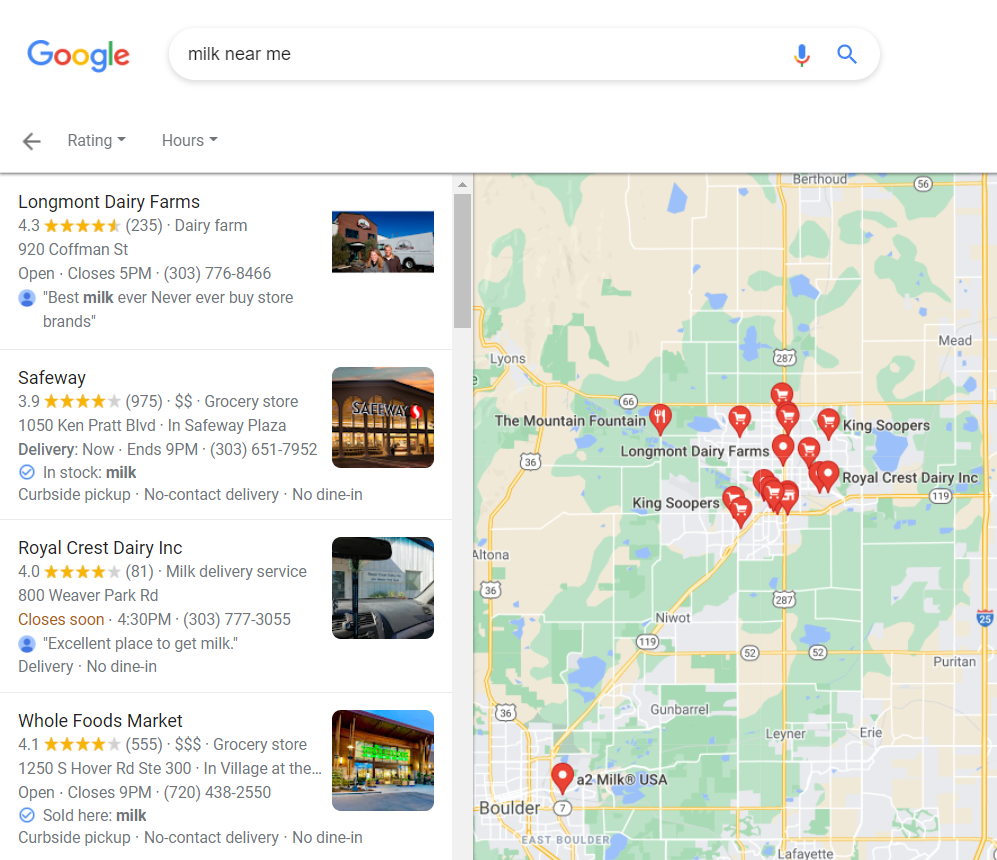 Top 4 Local Search Results for "Milk Near Me"- Longmont Dairy, Safeway, Royal Crest Dairy, Whole Foods